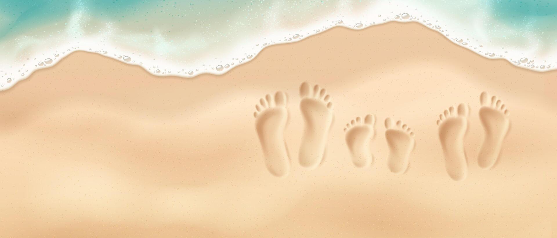 Footprints of father, child and mother in front of a sea wave, top view. Illustration of family footprints in soft sand by the shore with gentle ocean waves. Relaxation and summer vacations. vector