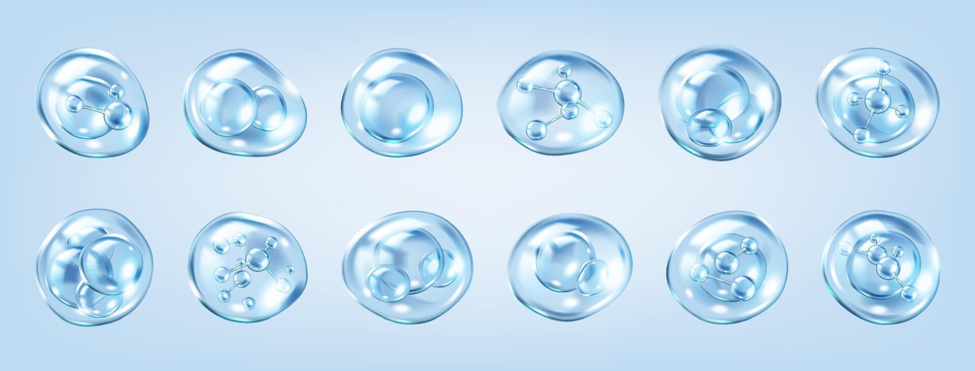bubbles containing collagen molecules realistic color icons set. Skincare scientific research 3d objects bundle on blue vector