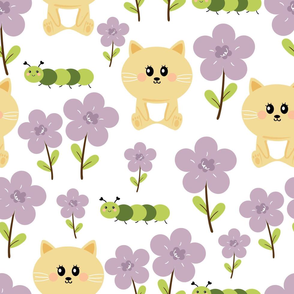 Seamless pattern cartoon cat, flower, leaves, caterpillar and spring vibes element. cute wallpaper for holiday. design for fabric, flat design, gift wrap paper vector