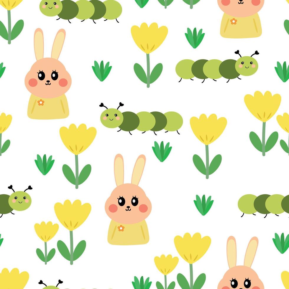 Seamless pattern cartoon bunny, yellow flower and spring vibes element. cute animal pattern for wallpaper, background and gift wrap paper vector