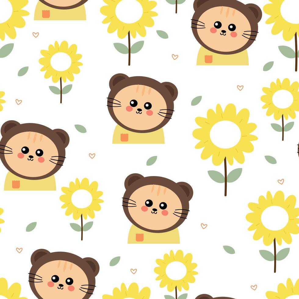 Seamless pattern cute cartoon cat in bear costume and yellow flowers spring. cute animal drawing for spring wallpaper and background vector