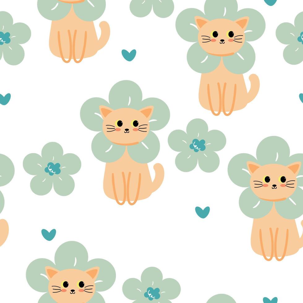 Seamless pattern cartoon cat, blue flower and spring vibes element. cute animal pattern for wallpaper, background and gift wrap paper vector