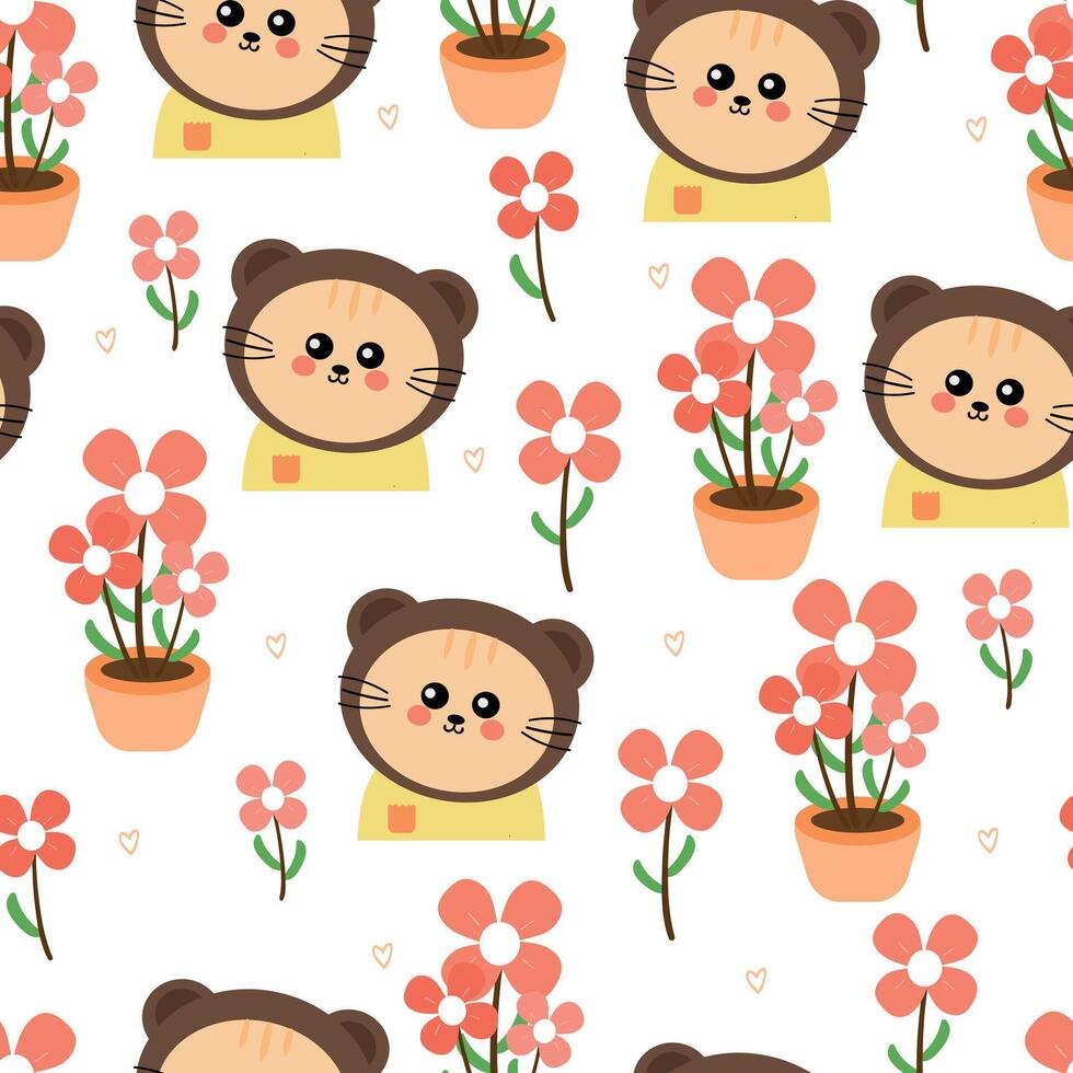 Seamless pattern cute cartoon cat in bear costume and pink flowers spring. cute animal drawing for spring wallpaper and background vector