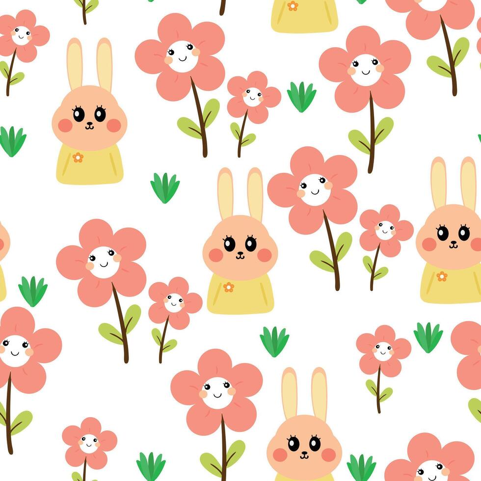 Seamless pattern cartoon bunny, pink flower, leaves, and spring vibes element. cute wallpaper for holiday. design for fabric, flat design, gift wrap paper vector