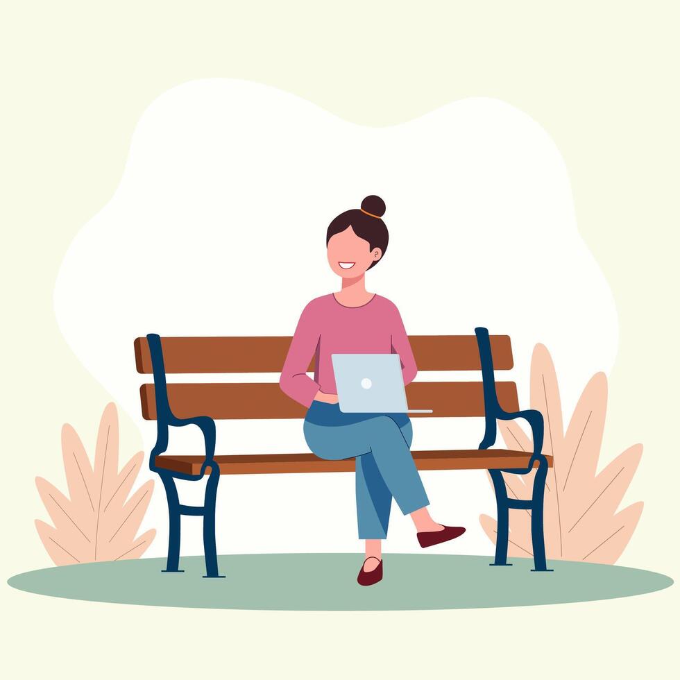 A female is relaxing on park bench with laptop for work from anywhere scene vector