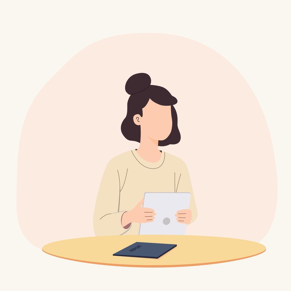 A woman is working with gadget and report of monthly work vector