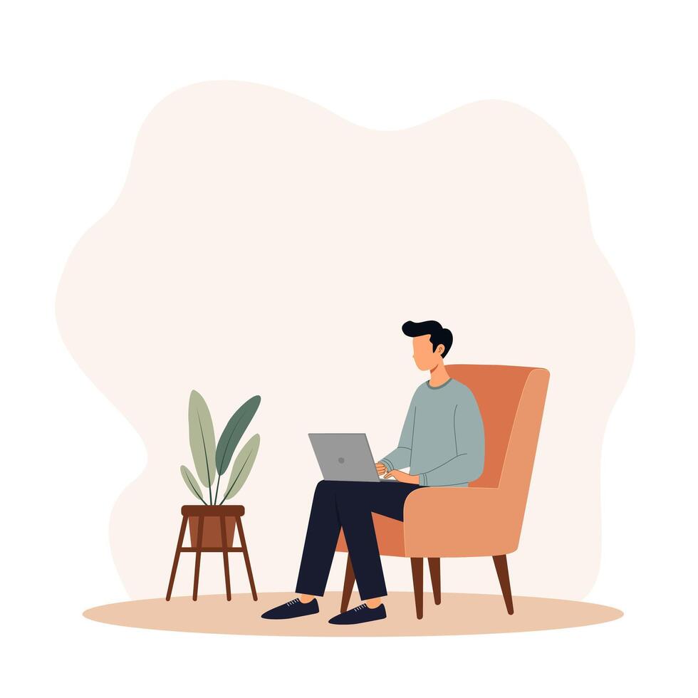 A young man creative worker is working with laptop sitting on a couch vector