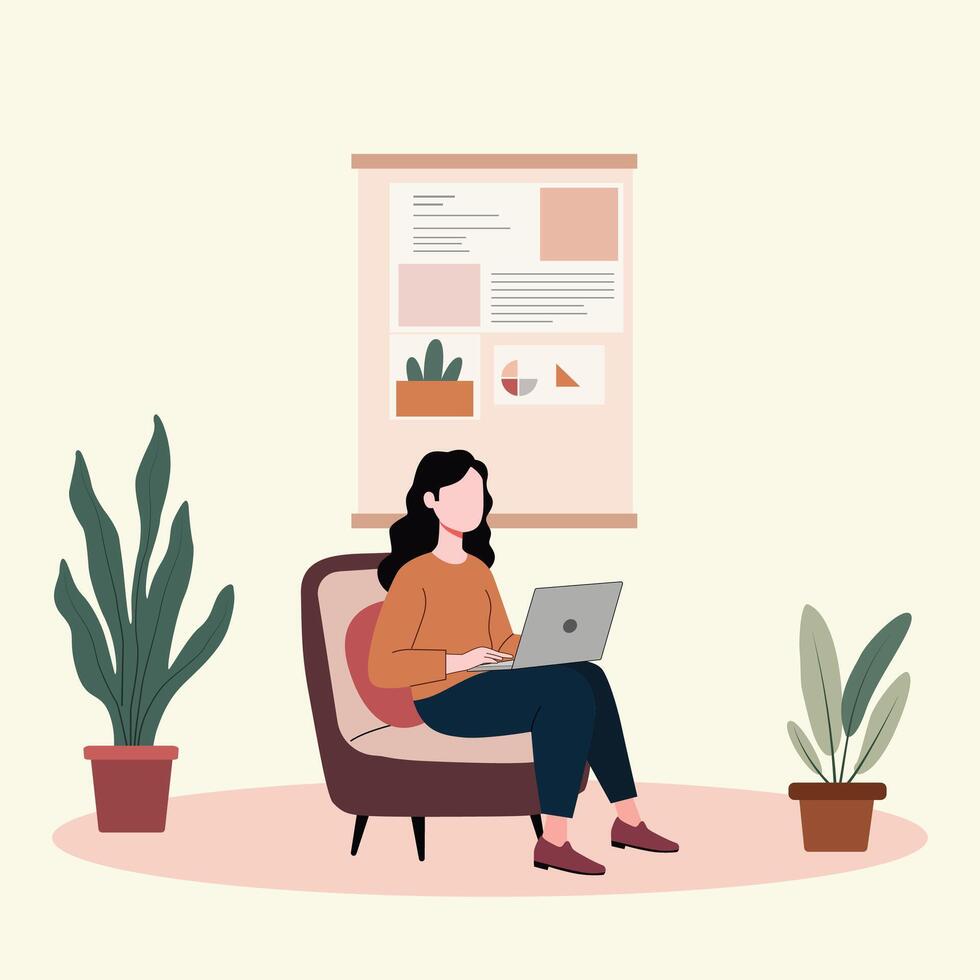 A woman is working at office space wiht laptop on calm color background vector