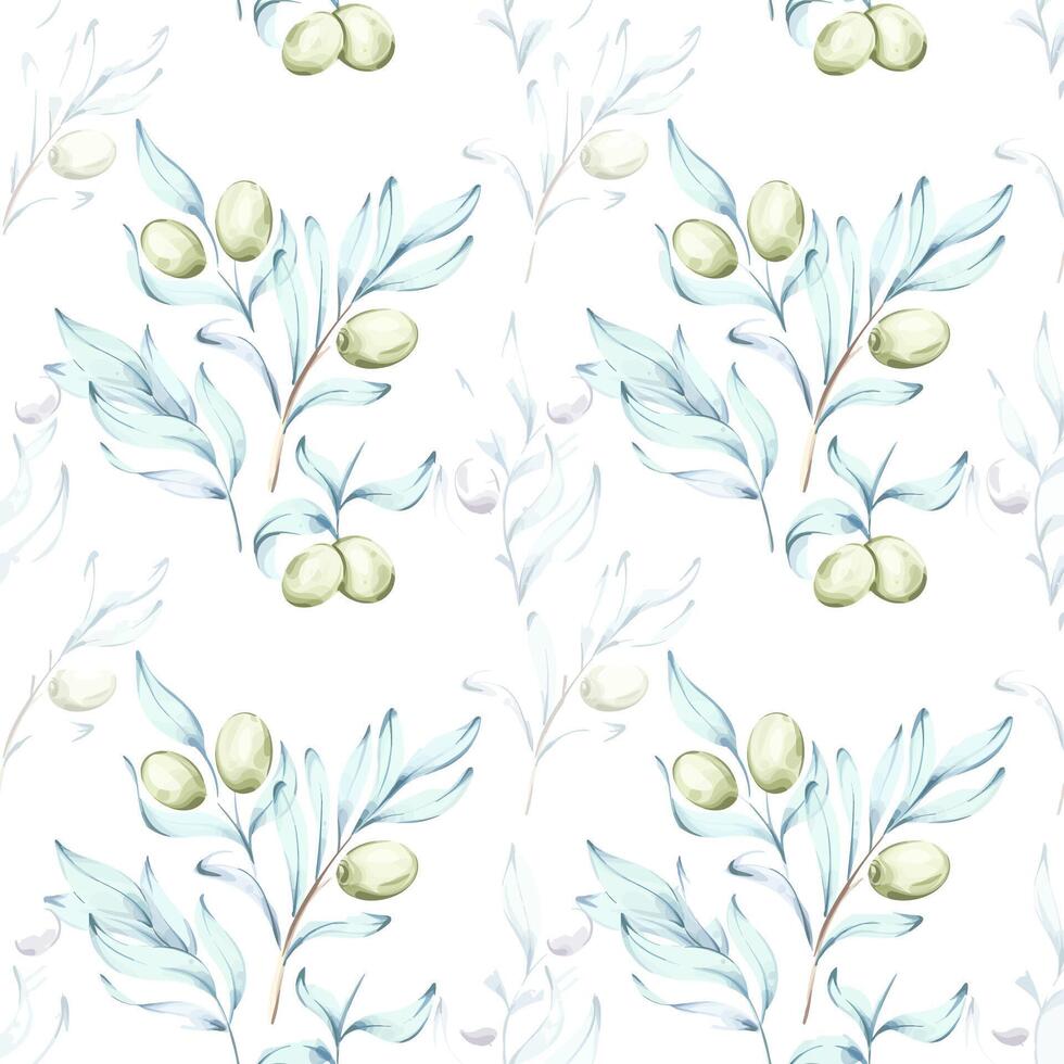 This watercolor seamless pattern features delicate illustrations of olives and olive branches highlighting the essence of Italian cuisine and nature. vector
