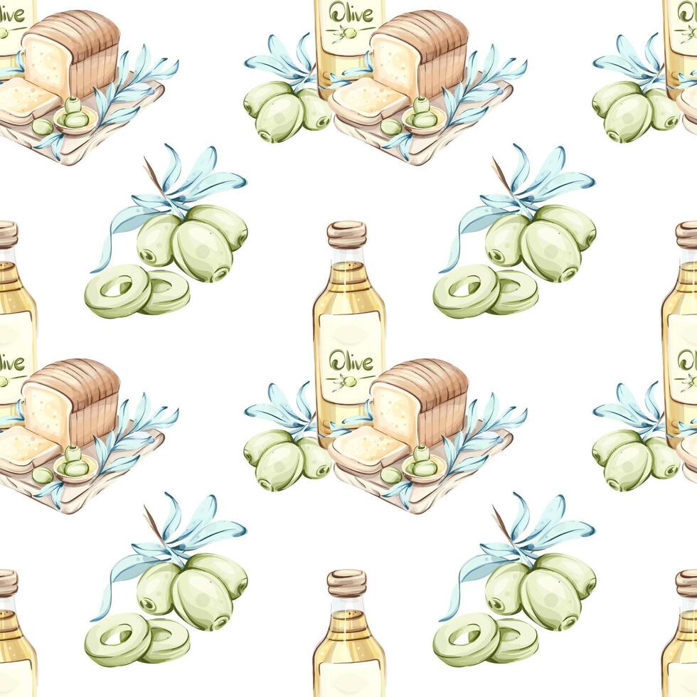 This artwork presents a seamless pattern showcasing olives olive oil and fresh bread reflecting the richness of Italian cuisine. The vibrant colors and natural elements create an inviting atmosphere that embodies beauty and health. vector