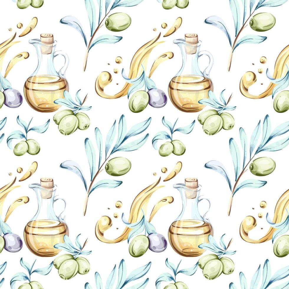 Beautiful watercolor illustrations depict olives and olive oil in a seamless pattern highlighting the richness of Italian cuisine. Lush greenery and bottles of oil combine to create an elegant backdrop. vector