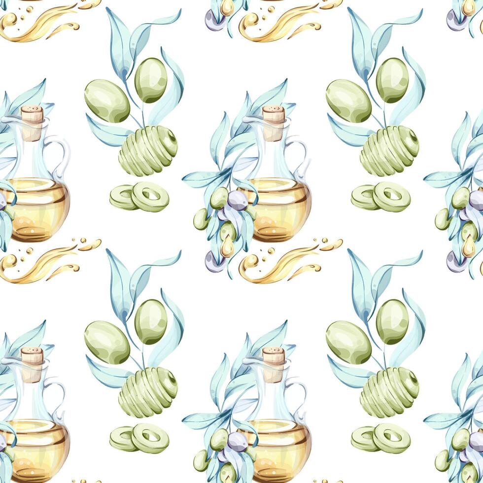 A delightful seamless pattern features olive branches adorned with shiny green olives and elegant bottles of olive oil. vector