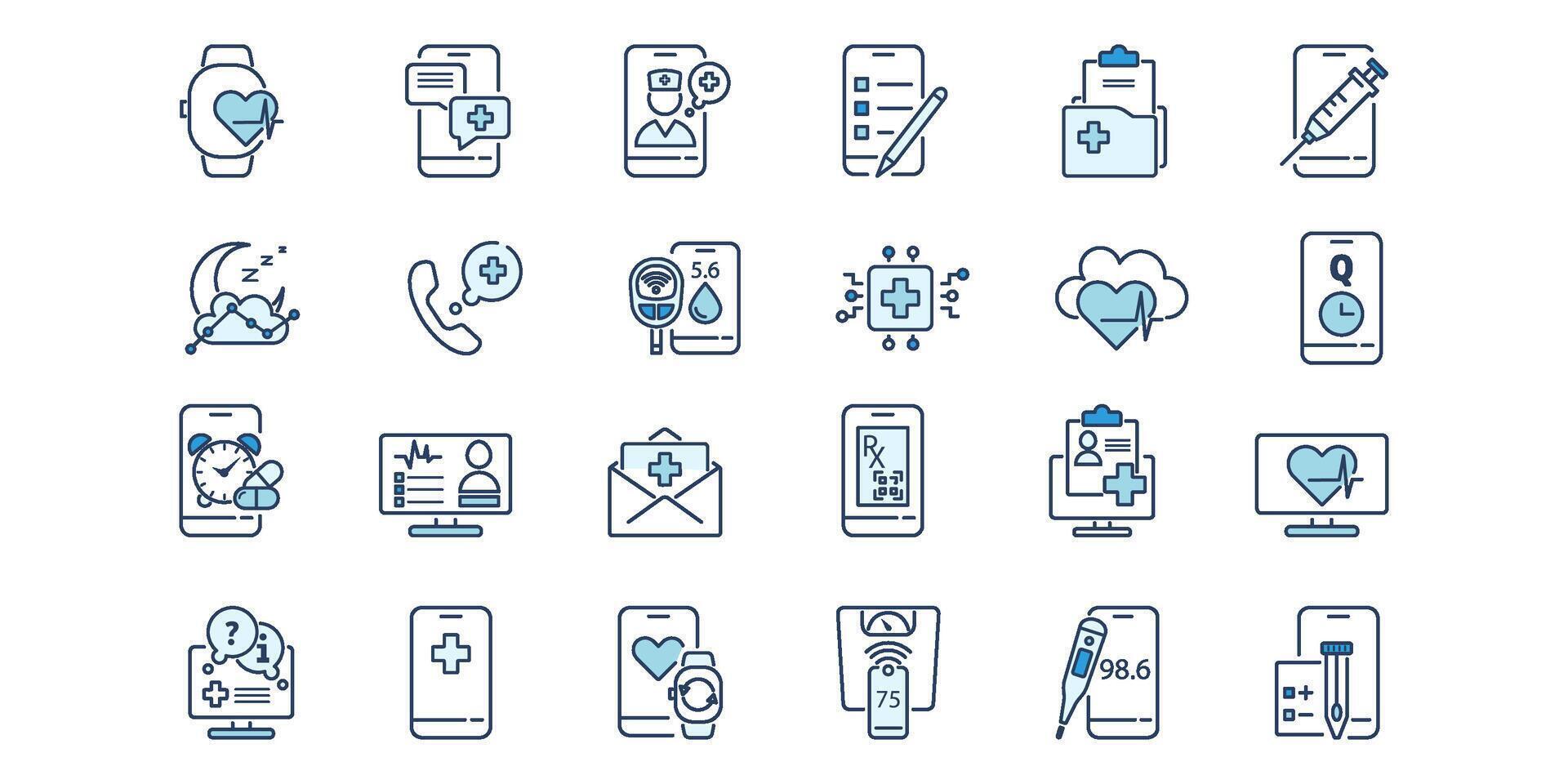 Health icon collection with digital tools for patient support. Medical interface elements doctor chat, telemedicine, monitoring app features. Line symbols for care system. illustration. vector