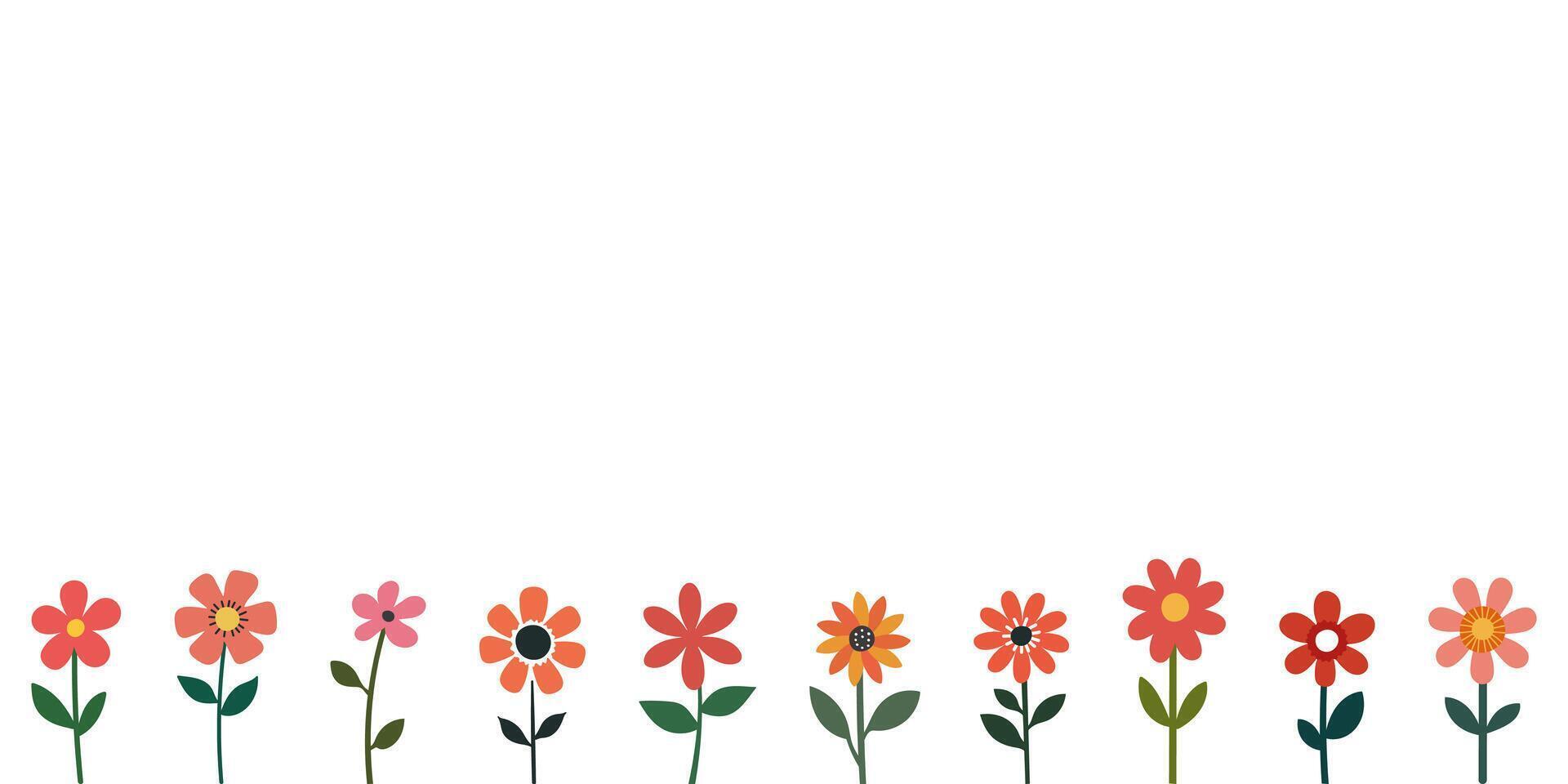 Cute bright flowers in a row on a bottom of white background. Flat cartoon style, minimal and playful design. Perfect for kids, nursery decor, greeting cards, and floral-themed projects. vector
