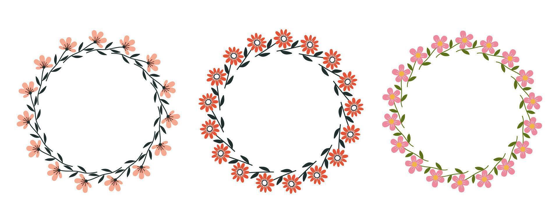 Set of three hand drawn floral wreaths with pink flowers and green leaves in flat style. Round botanical frames perfect for wedding design, invitations, branding, and greeting cards. vector