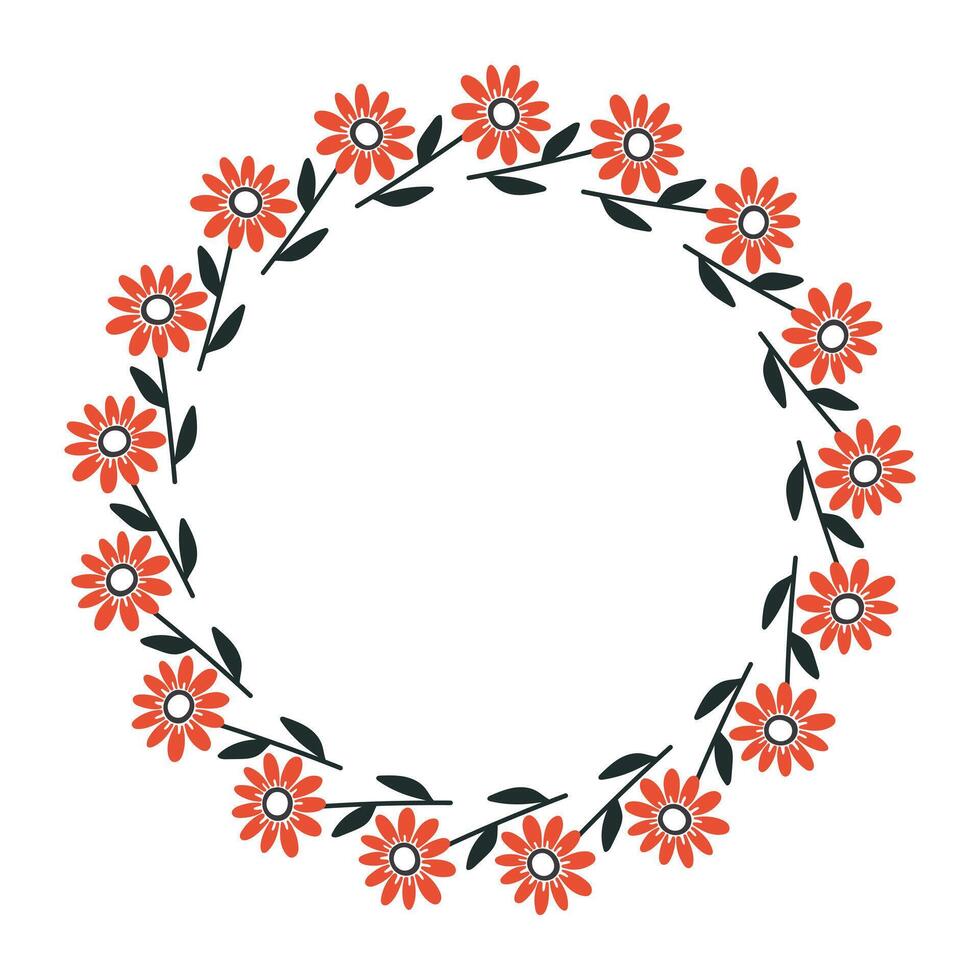 Hand drawn floral wreath with pink flowers and leaves in flat style. Circular botanical frame on white background. Perfect for wedding design, invitations, logos, and greeting cards. vector