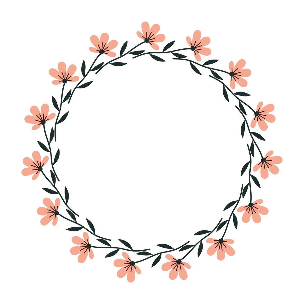 Hand drawn floral wreath with pink flowers and leaves in flat style. Circular botanical frame on white background. vector