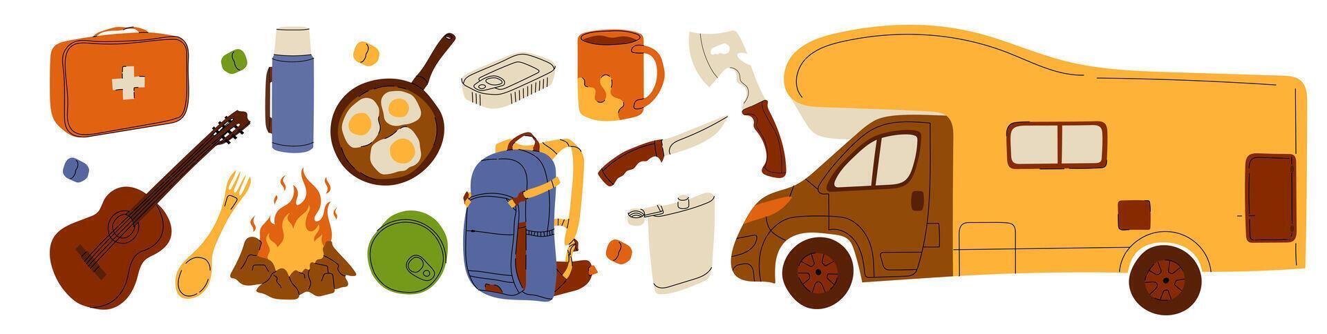 Camping and road trip essentials illustration with camper van, campfire, backpack, cooking gear, guitar, and outdoor tools. Ideal for travel and adventure themes. Stock Illustration. vector