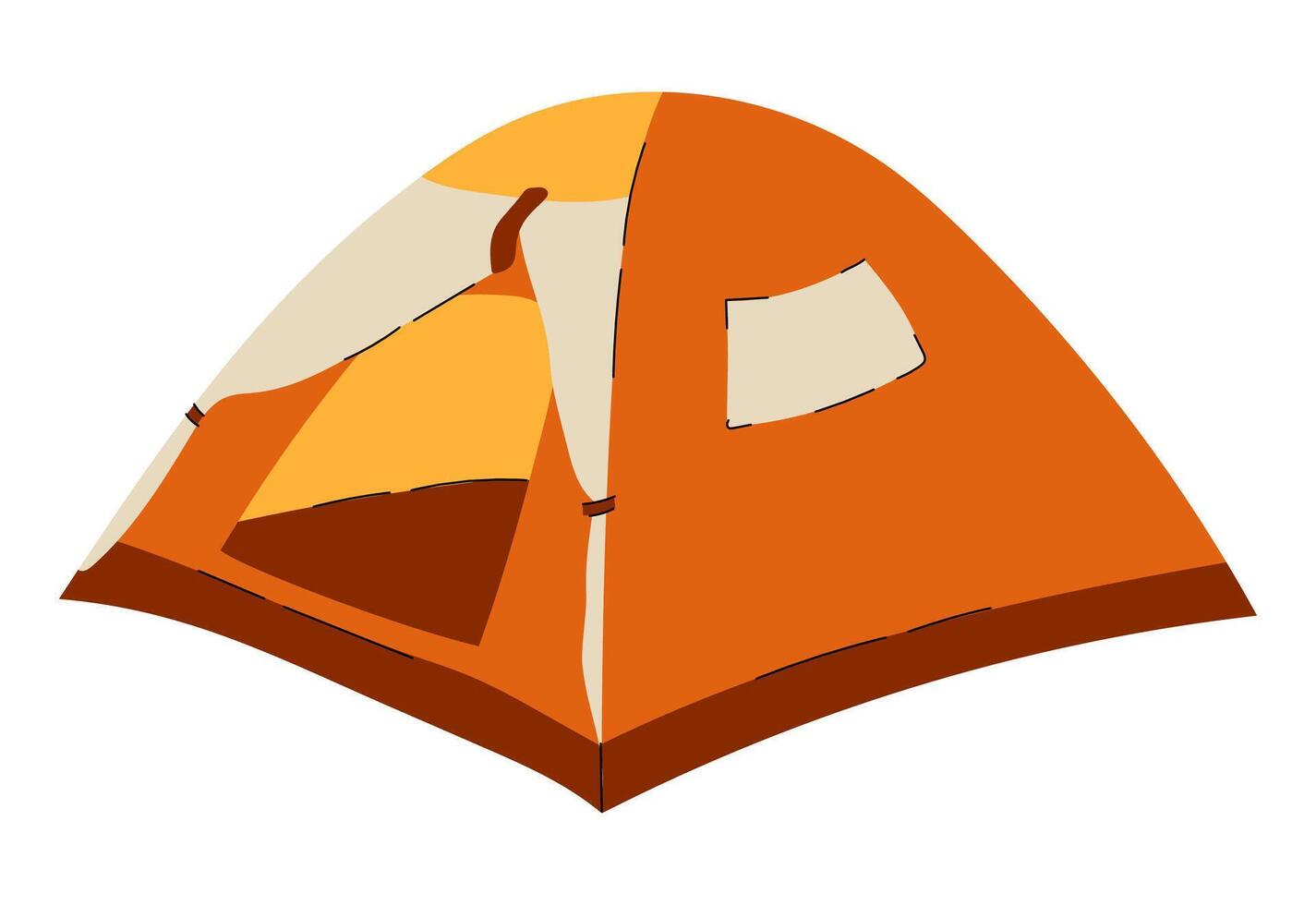 Illustration of an orange camping tent with open entrance and side window, perfect for outdoor, travel, and adventure themes. Clean and minimal design. Stock Illustration. vector