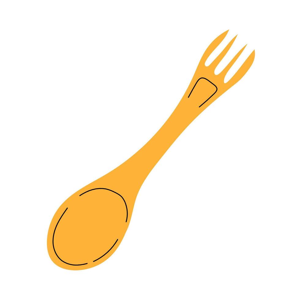 Yellow camping spork combining spoon and fork in one utensil, ideal for outdoor cooking, hiking, and backpacking meals. Minimalist and lightweight gear. Stock Illustration. vector