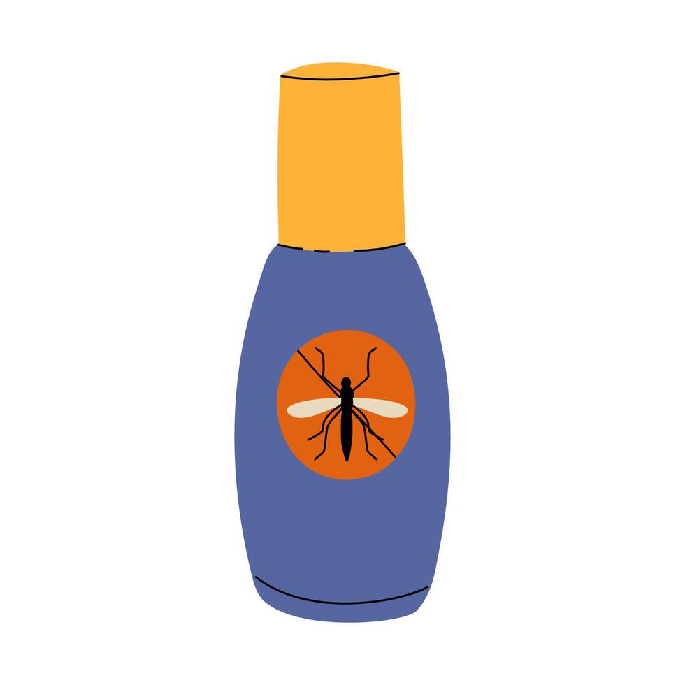 Illustration of a mosquito repellent spray bottle with insect icon, ideal for articles on camping, travel, health, and summer protection. Clean and bold design. Stock Illustration. vector