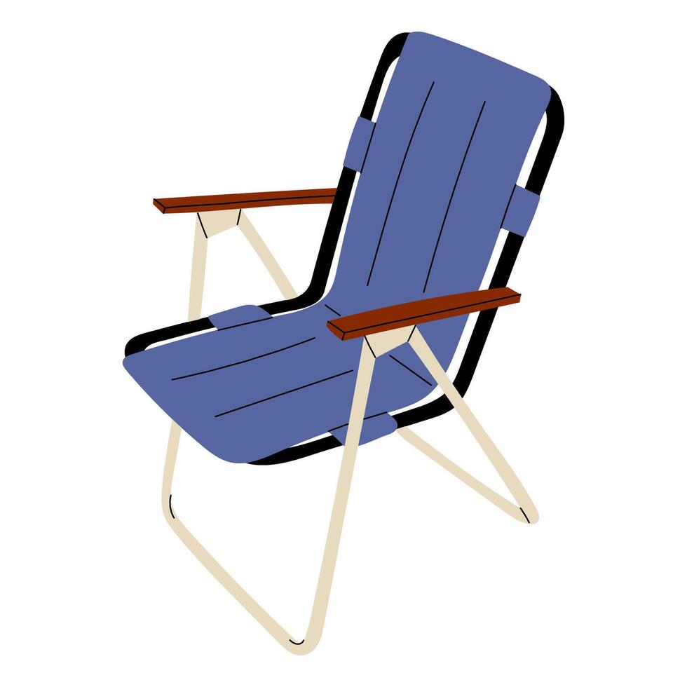 Illustration of a blue folding camping chair with metal frame and wooden armrests, ideal for outdoor, travel, and leisure content. Simple and practical design. Stock Illustration. vector
