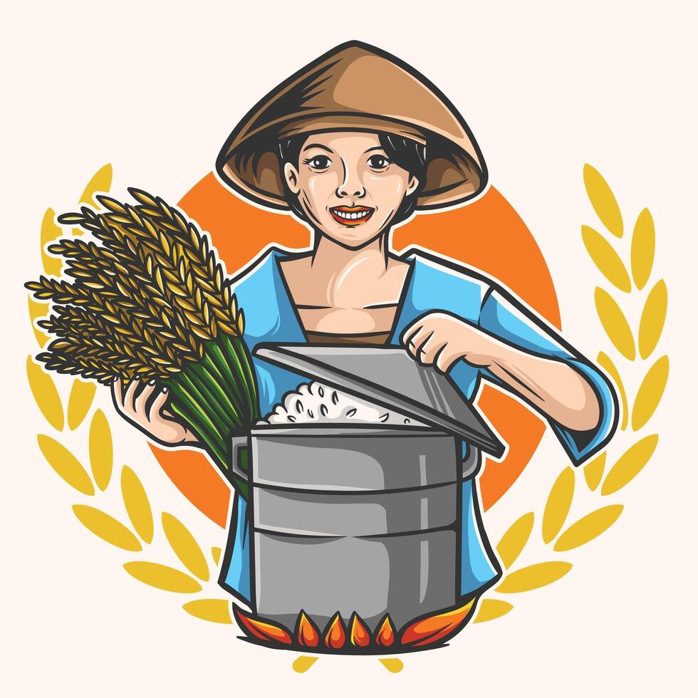 a woman in a hat holding rice and a basket vector