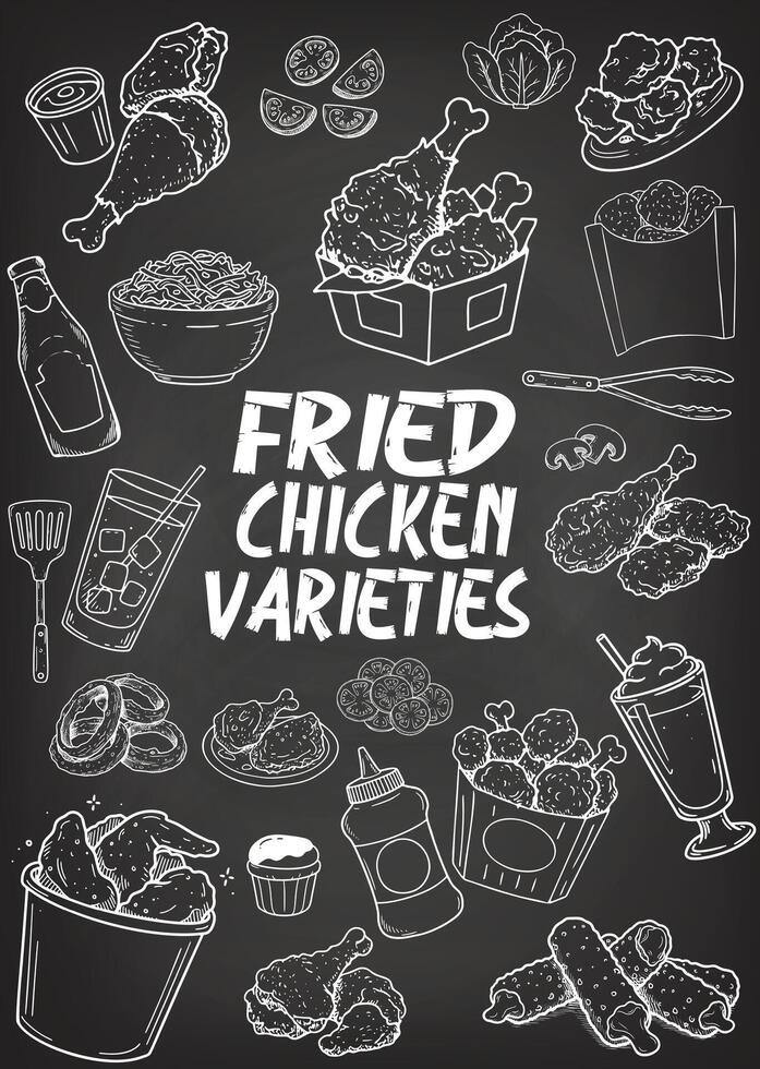 A carefully hand-drawn menu design on a blackboard supported by hand-drawn illustrations. vector