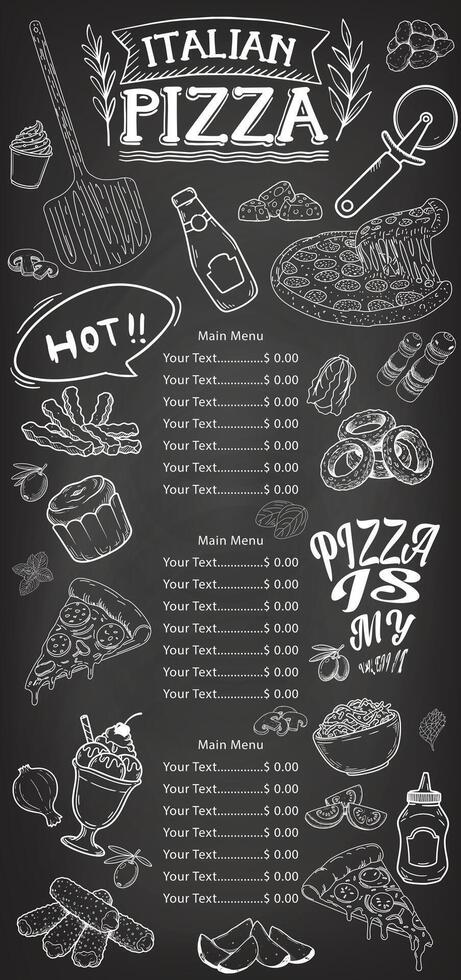 Chalkboard hand-drawn menu, pizza menu combining classic and modern design. vector