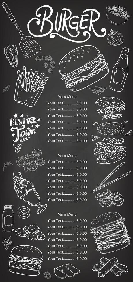 The chalkboard-like background creates a nostalgic effect while emphasizing the menu items. vector