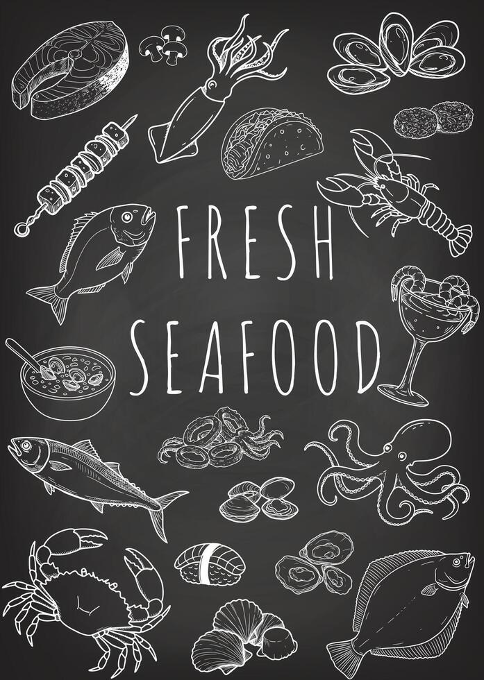Fish restaurant menu design created with white chalk effect on a black background. vector