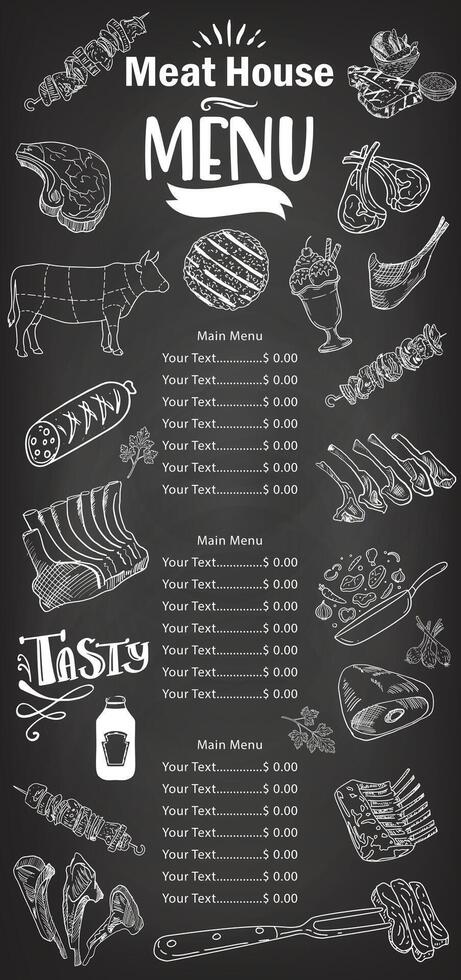 The writings and drawings created with a white chalk effect on a black background add a retro atmosphere to the menu. vector