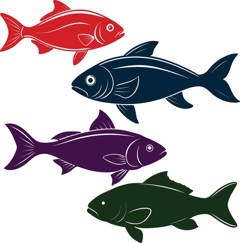 four different colored fish on a white background vector