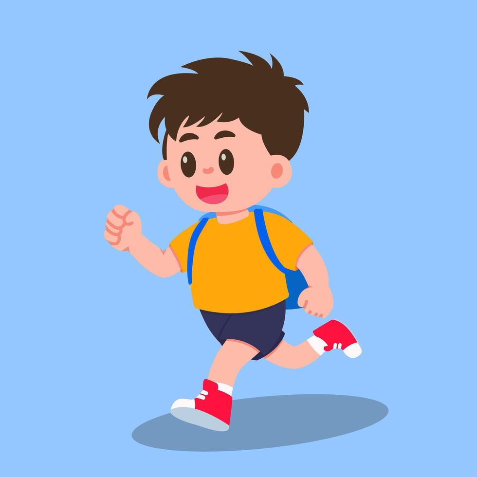 Cute Happy School Boy Running with Backpack character design vector