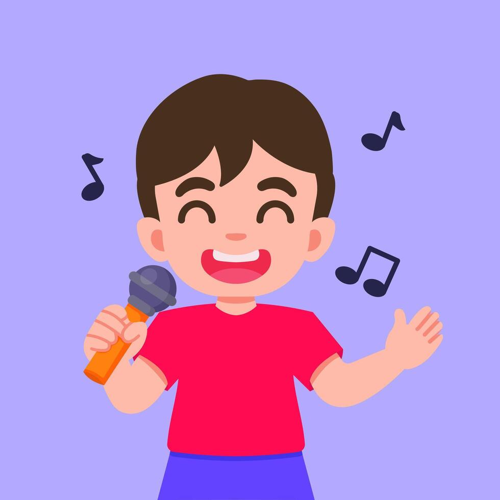 Cute Cartoon Boy Singing with Microphone character design vector