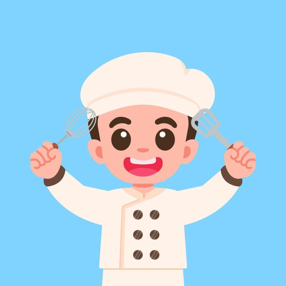 Cute Cartoon Happy Kid Chef with Cooking Tools character design vector