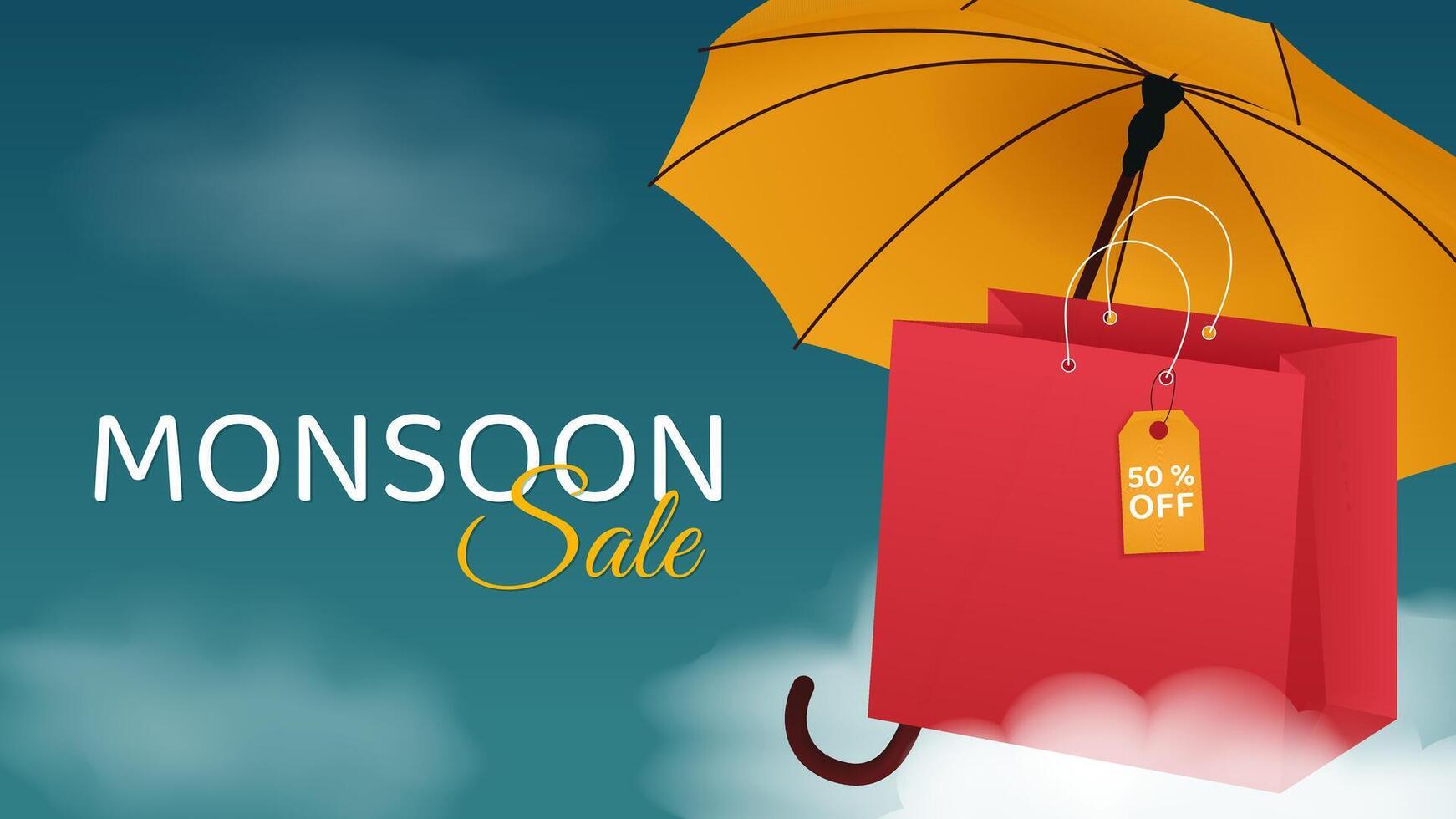 monsoon sale day banner, discount template with umbrella and shopping bag vector