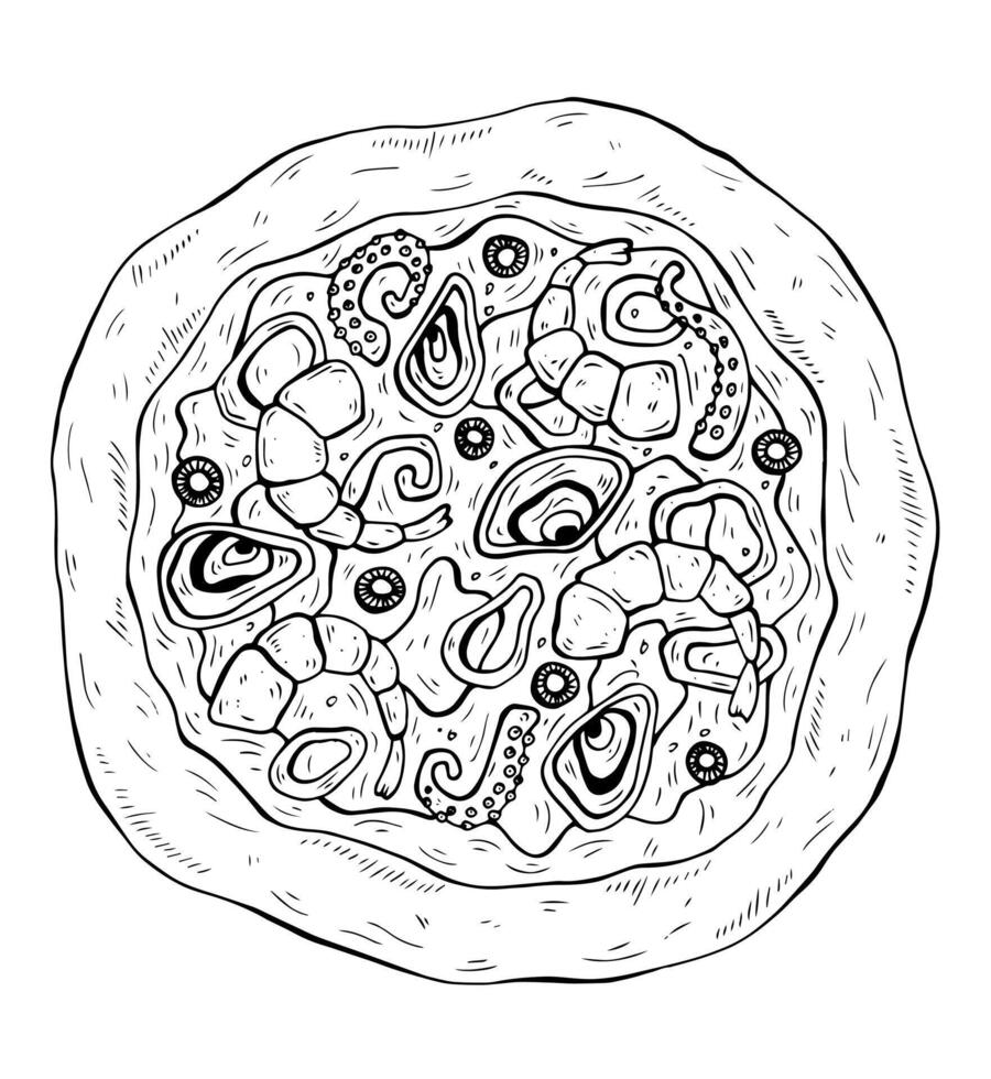 Italian food collections. Hand drawn line art illustration with seafood pizza. Composition in the ink style for menus, pizzerias, restaurants. vector