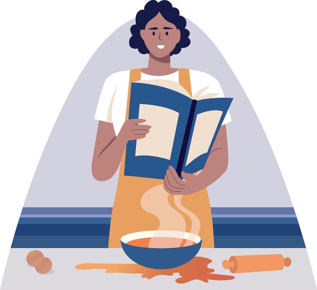 Flat illustration showing a character trying to follow recipe book vector