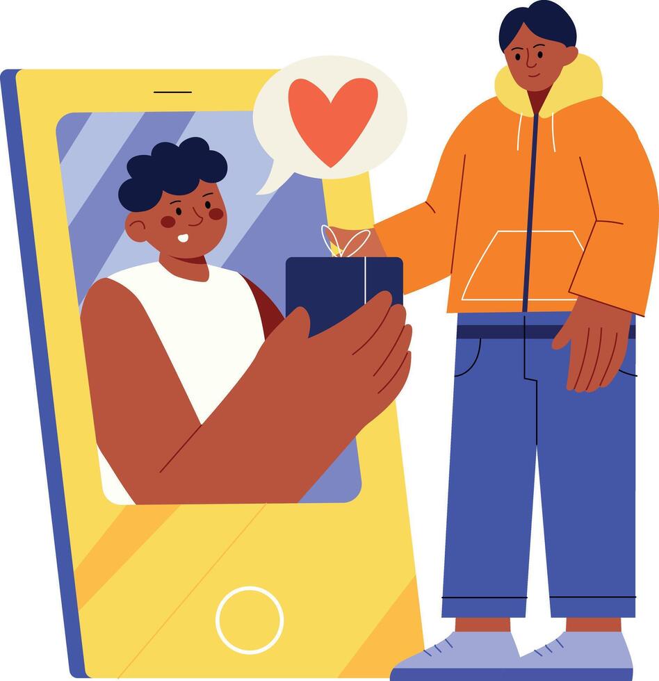 A flat illustration showing a character offering gift to his friend vector