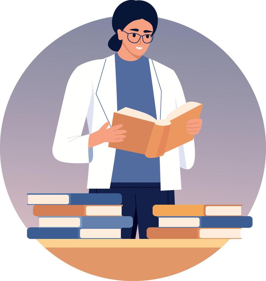 Flat style illustration showing a librarian reading a book vector