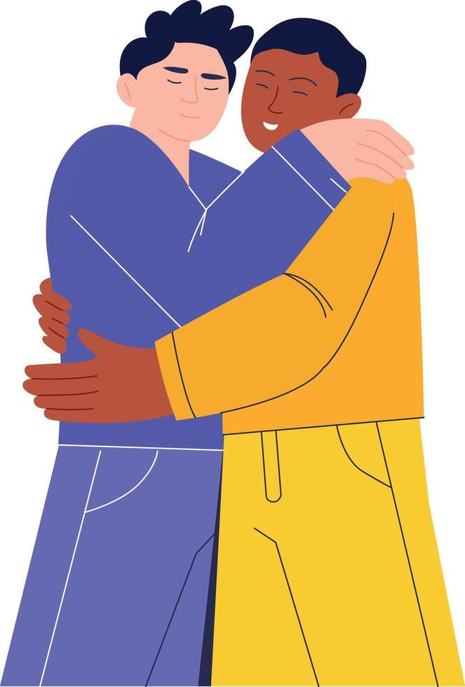 Flat style illustration showing two characters hugging each other vector