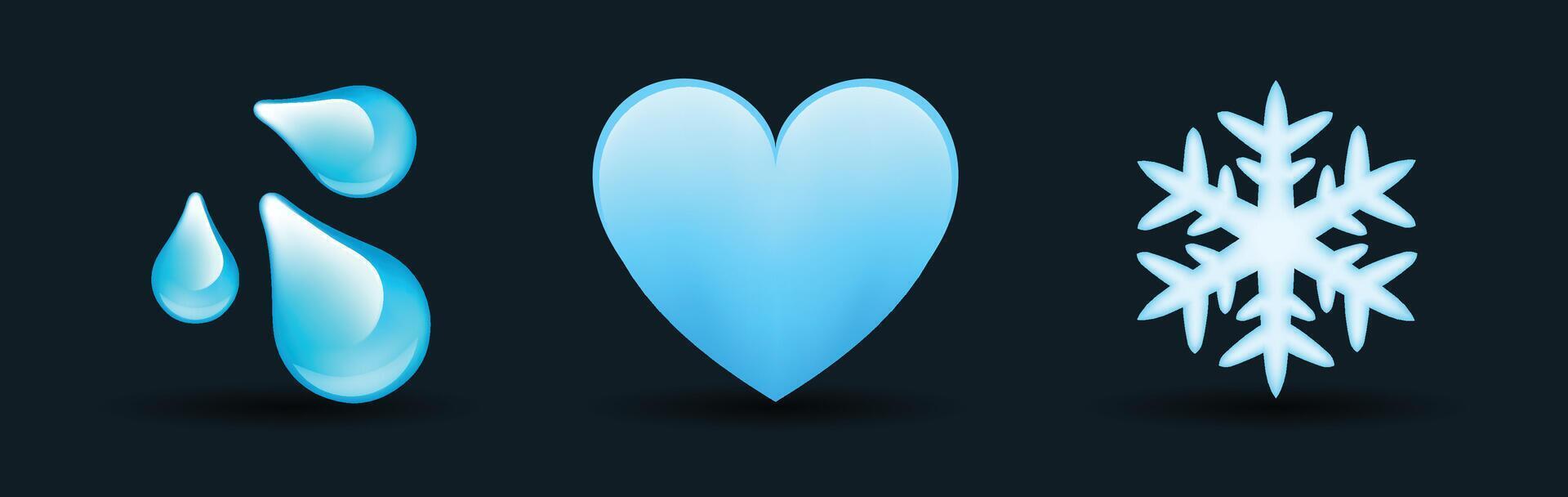3 emoticons isolated on white background. Blue color heart, water drops, snowflake emoji illustration. 3d illustration set. vector