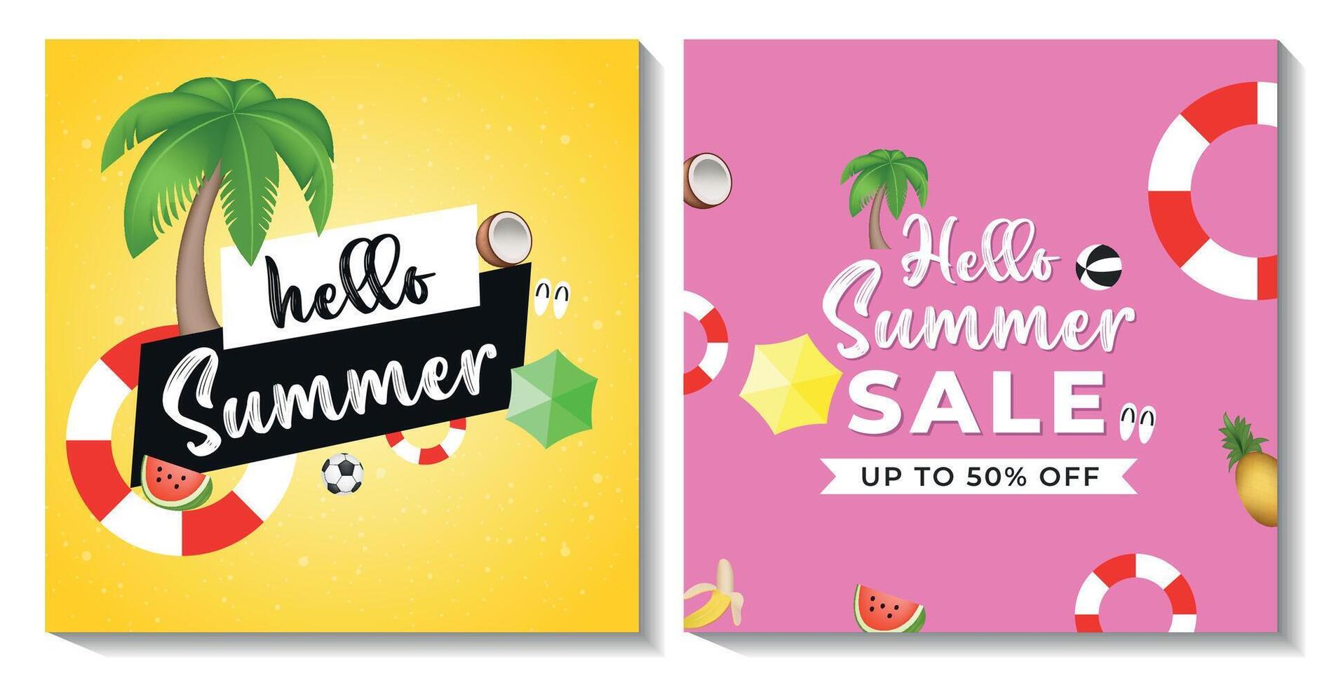 Yellow and pink color hello summer post template vector