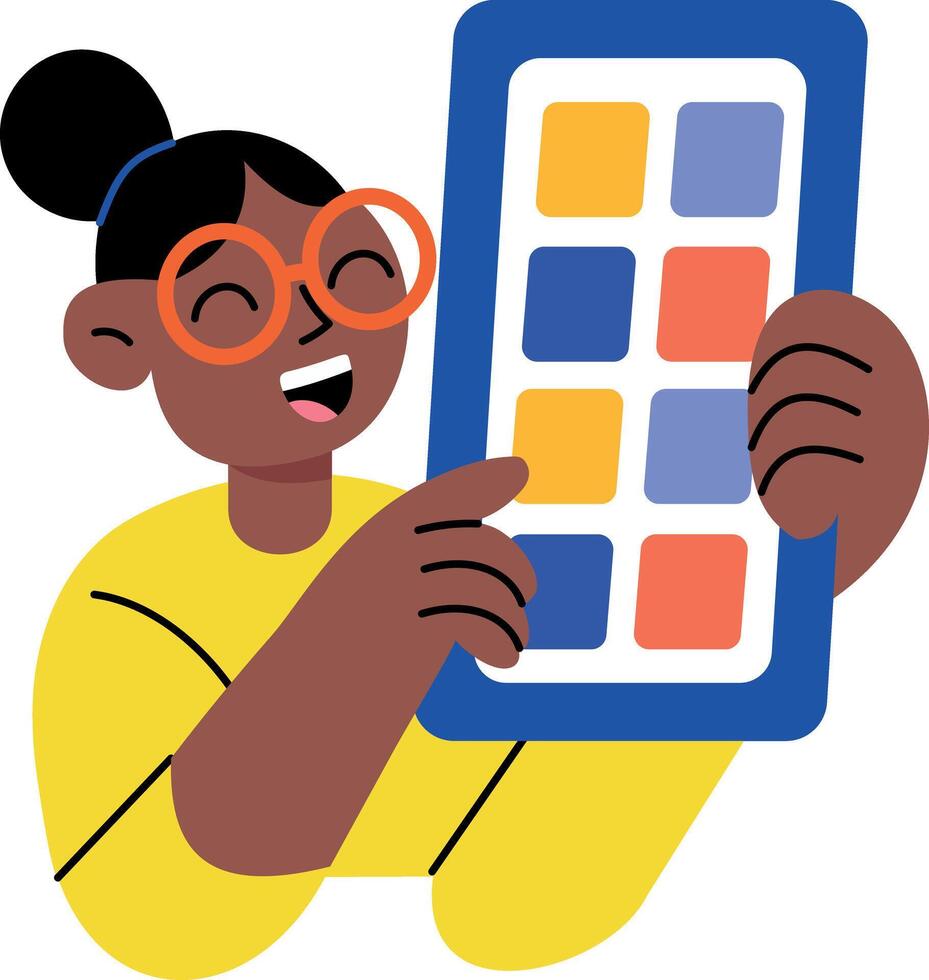 A flat style illustration of a person showing a person using mobile interface vector