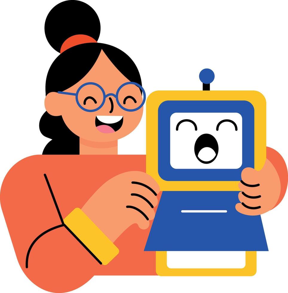 A flat style illustration showing a person with ai assistant vector
