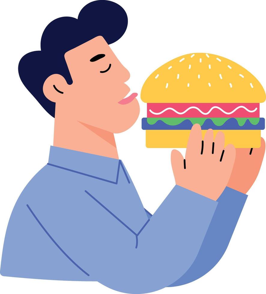 A flat style illustration showing person eating burger with joy vector