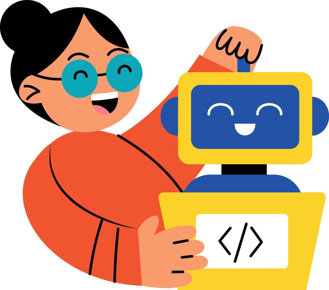 A flat style illustration showing a person laughing with coding robot vector