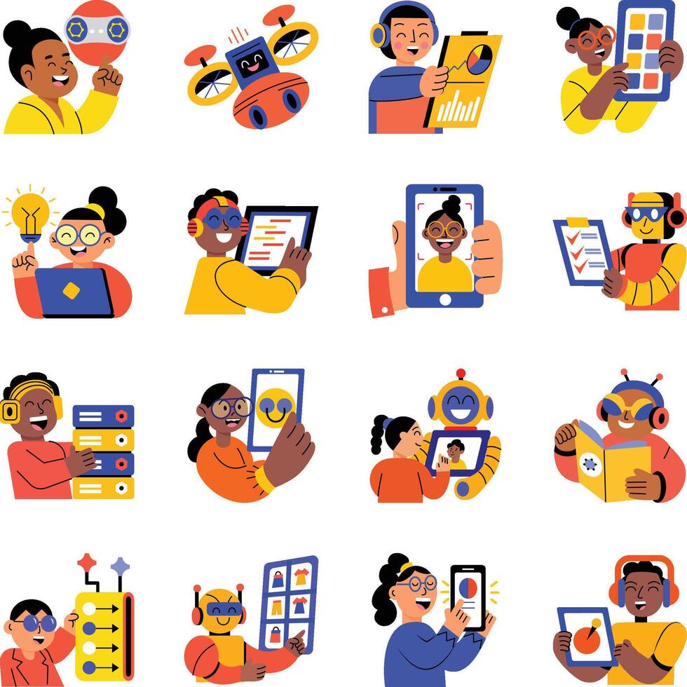 Collection of AI Technology Flat Style Illustrations vector