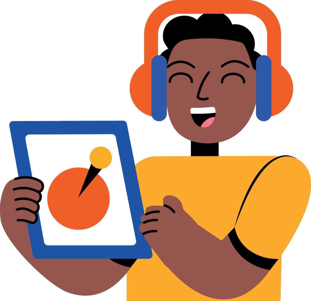 A flat style illustration showing a person analyzing on device vector